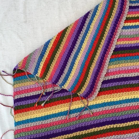 Vintage Handmade Crochet Knit Rainbow Afghan Blanket Fringe “Granny Square” - Picture 5 of 9